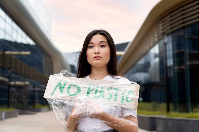 ผู้หญิงถือป้าย &ldquo;No Plastic&rdquo; ลดผลกระทบสิ่งแวดล้อมเพื่อสนับสนุน Biodiversity Credit