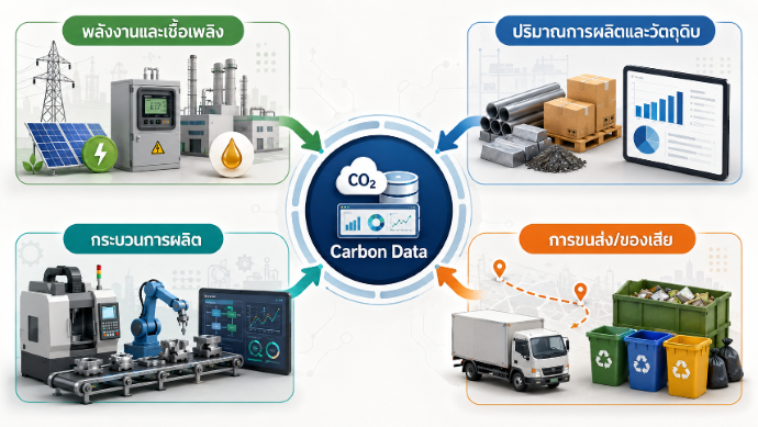 ตัวอย่างข้อมูลพลังงาน การผลิต วัตถุดิบ และการขนส่งที่ใช้จัดทำ Carbon Data