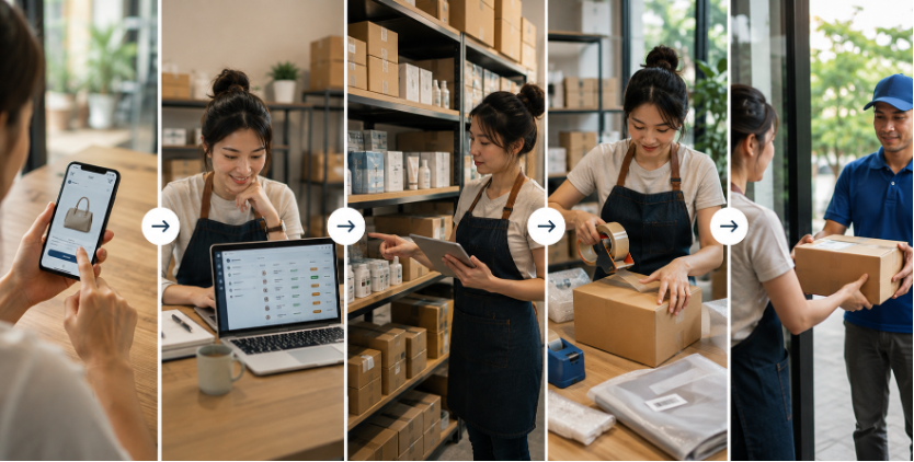 การทำงานแบบ Omnichannel ควรเชื่อมเป็นลำดับตั้งแต่รับออเดอร์ &rarr; อัปเดตสต็อก &rarr; บันทึกต้นทุน &rarr; ส่งต่อไปจัดส่ง เพื่อให้ข้อมูลของออเดอร์หนึ่งรายการไหลต่อเนื่องโดยไม่ต้องคีย์ซ้ำหลายระบบ