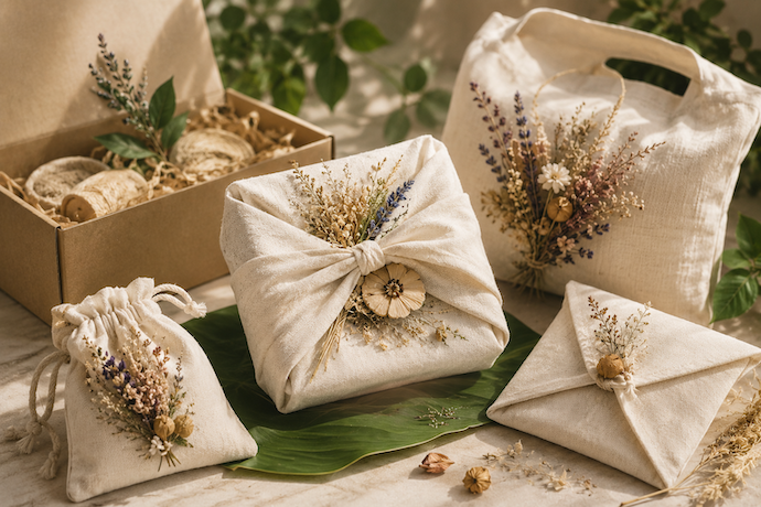 บรรจุภัณฑ์ผ้าธรรมชาติตกแต่งด้วยดอกไม้แห้ง สะท้อนแนวคิด Nature-Inspired Design